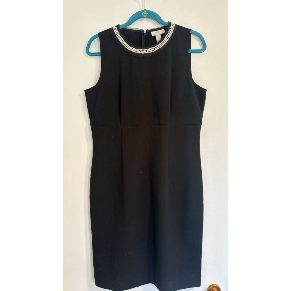 Ann Taylor Loft Black Embellished Neck Sleeveless Sheath Dress Size 8 Pearl Trim